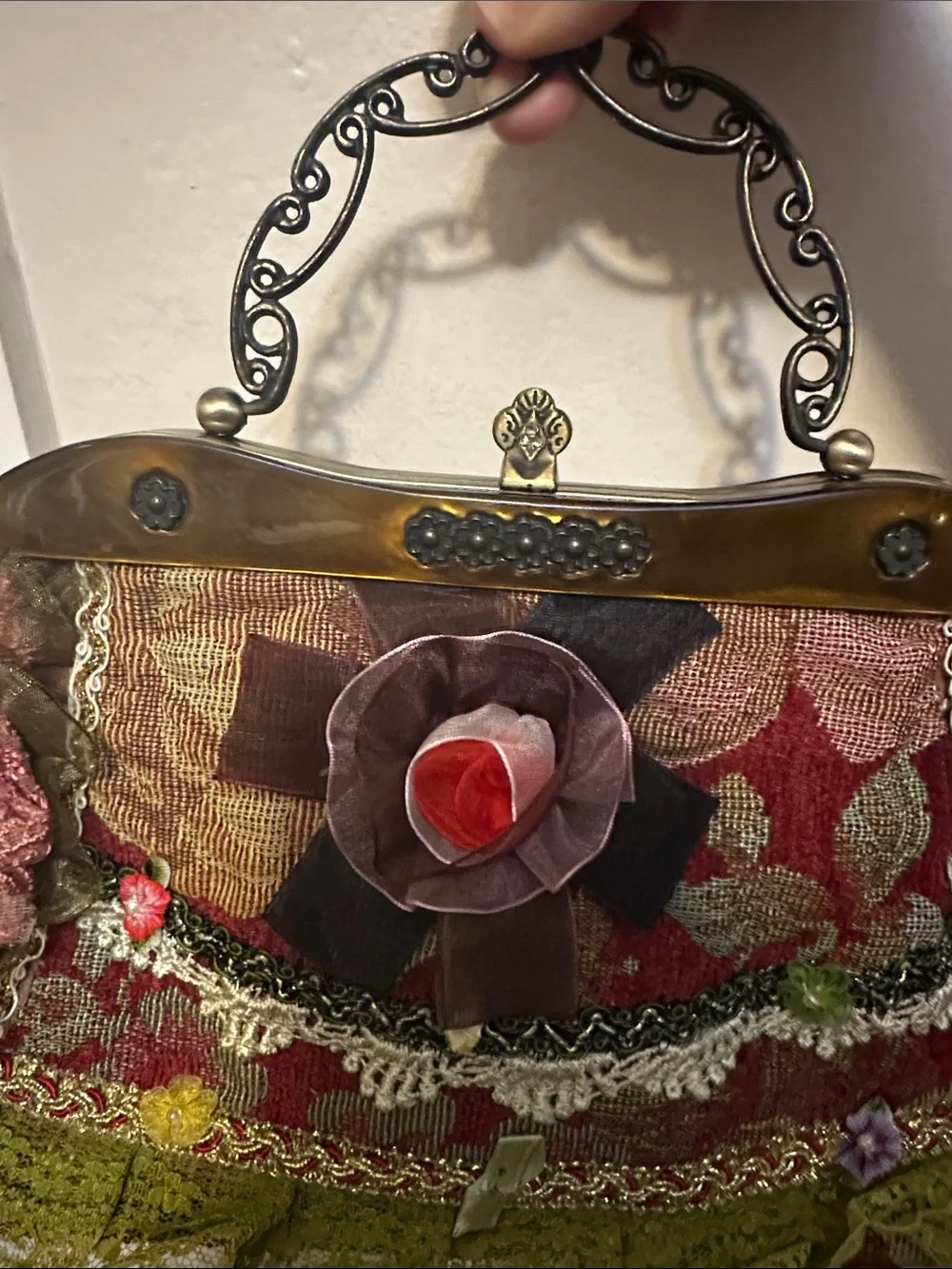 Vintage-Inspired Floral Appliqué Handbag in Burgundy and Olive